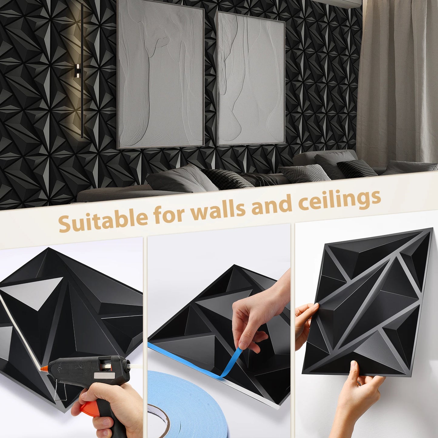 3D Wandpanelen – Zwart / Wit Geometrisch Design (PVC, 50x50 cm)